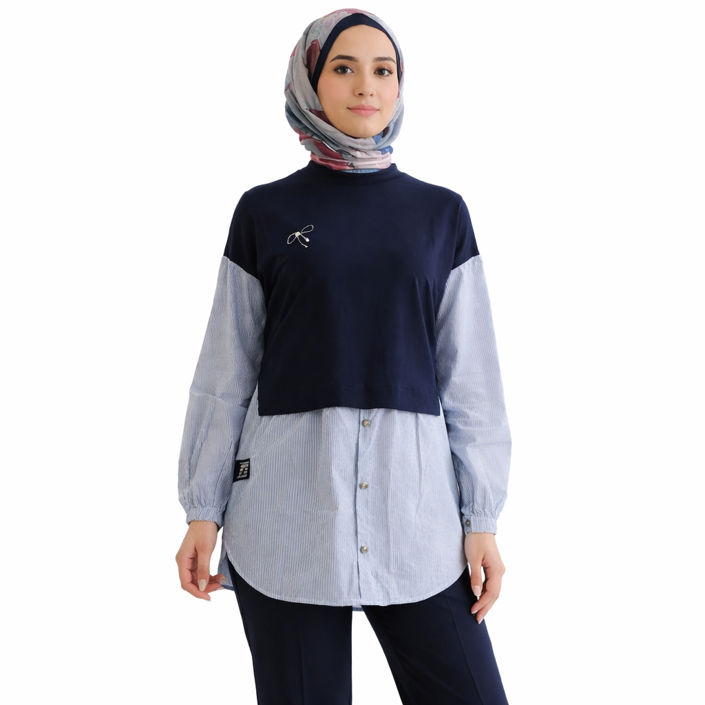 Lacivert Katmanlı Penye Detaylı Tesettür Tunik (Gömlek Görünümlü)