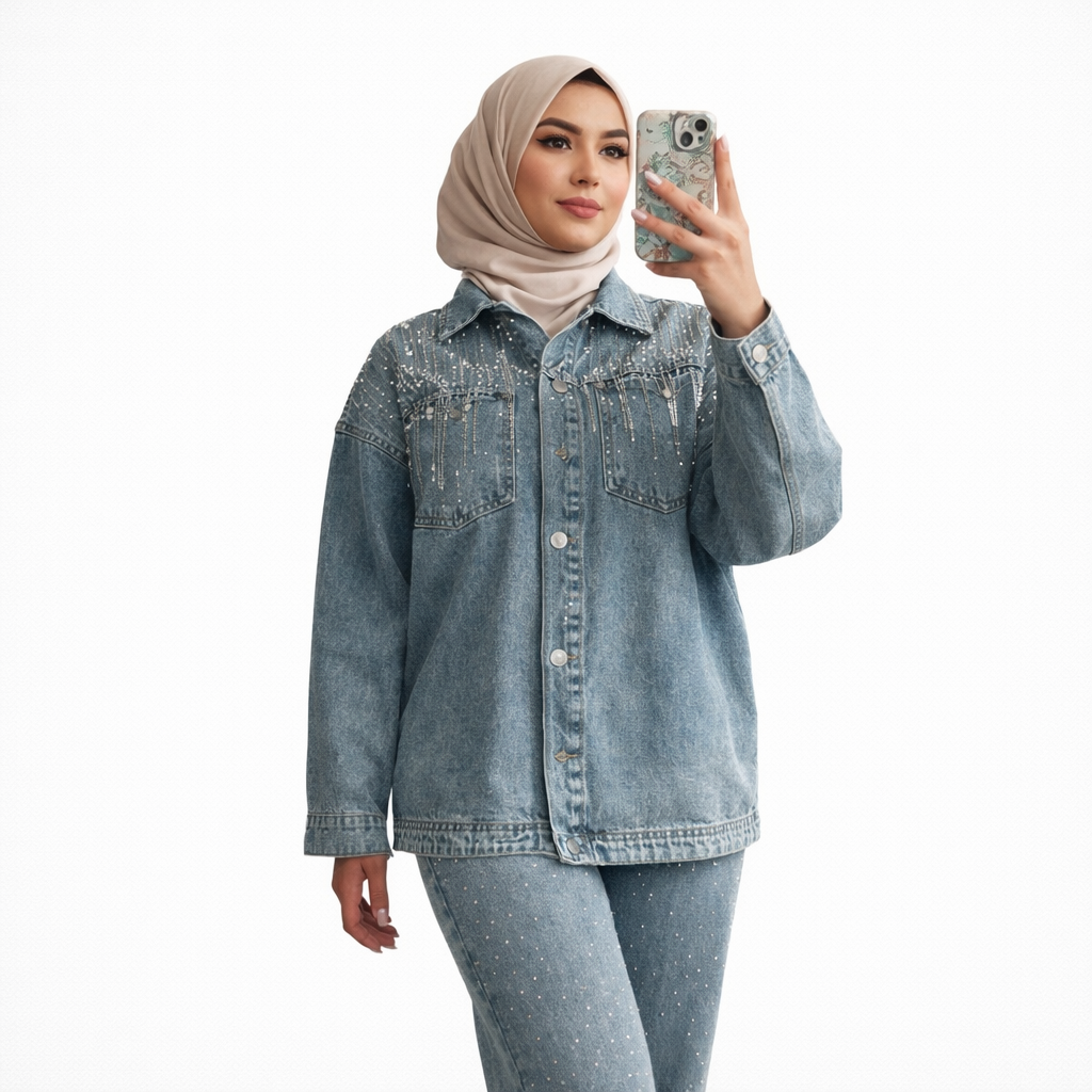 Taş Detaylı Kot İkili Takım (Pantolon & Ceket)