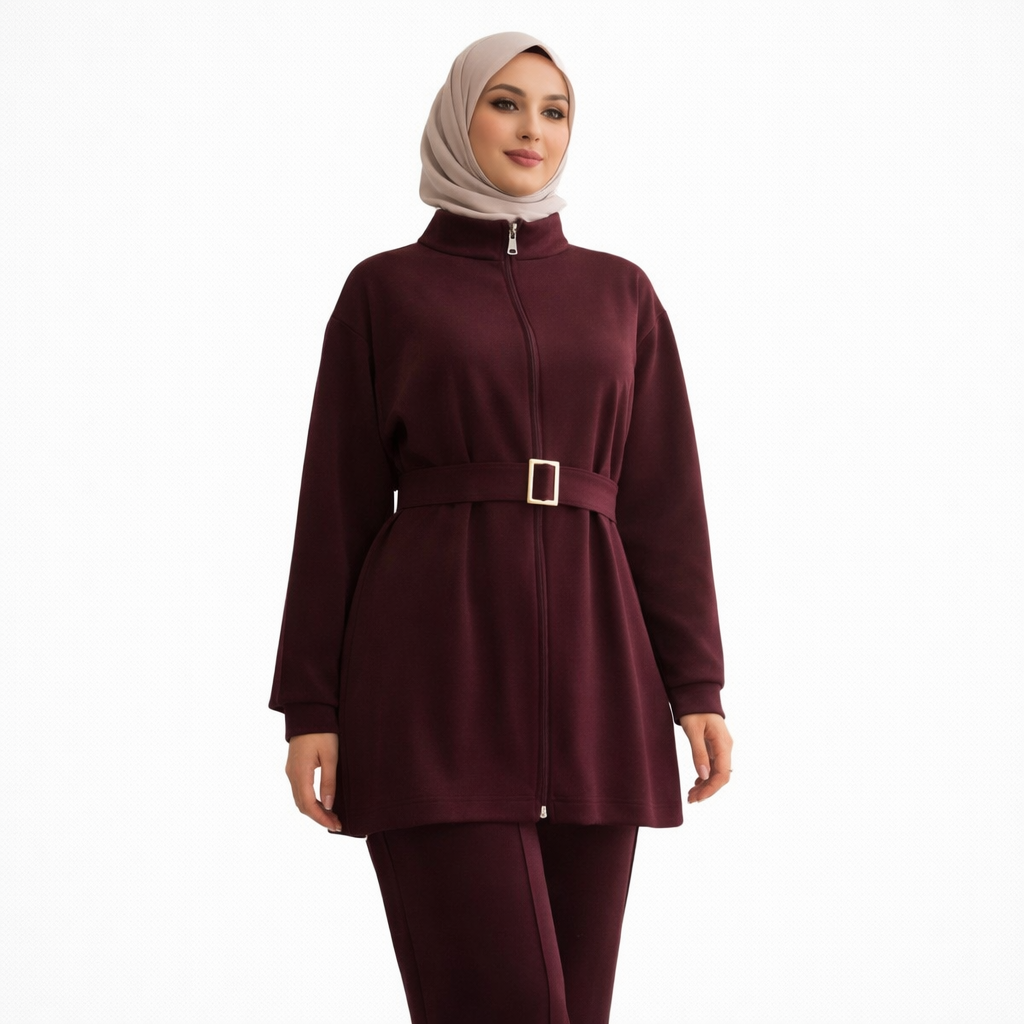 Bordo Belden Kemerli Tesettür Takım