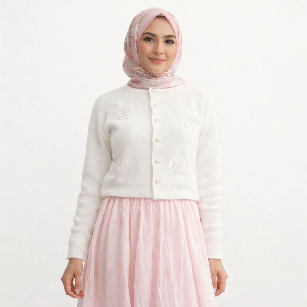 Beyaz Çiçek Motifli Standart Beden Hırka (Pantolon Üstü Model)