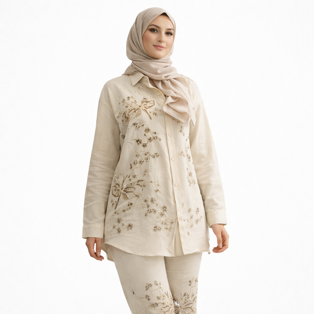 Nakışlı Boncuk İşlemeli Keten Takım