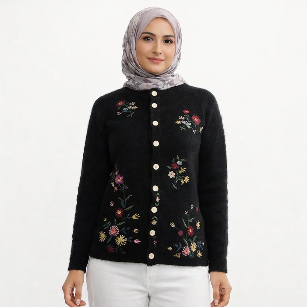 Siyah Çiçek Motifli Yünlü Hırka