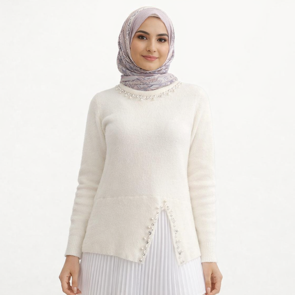 Beyaz Taş Detaylı Yünlü Pileli Tunik