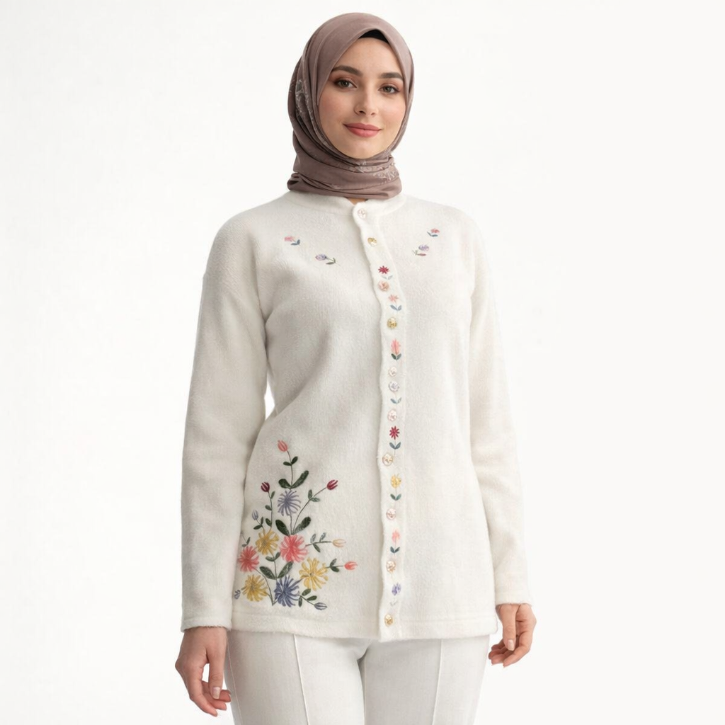 Çiçek Motifli Beyaz Yünlü Hırka