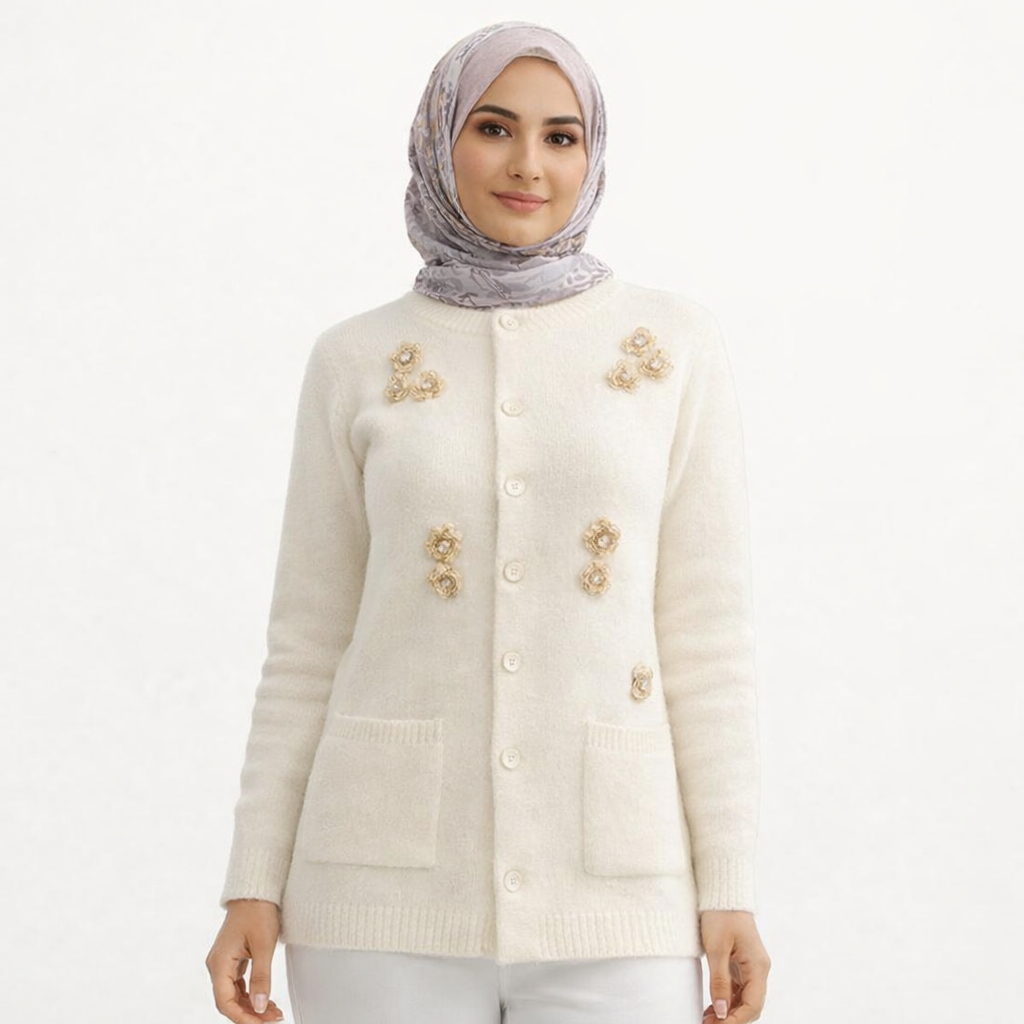 Krem Çiçek Taşlı Yünlü Hırka