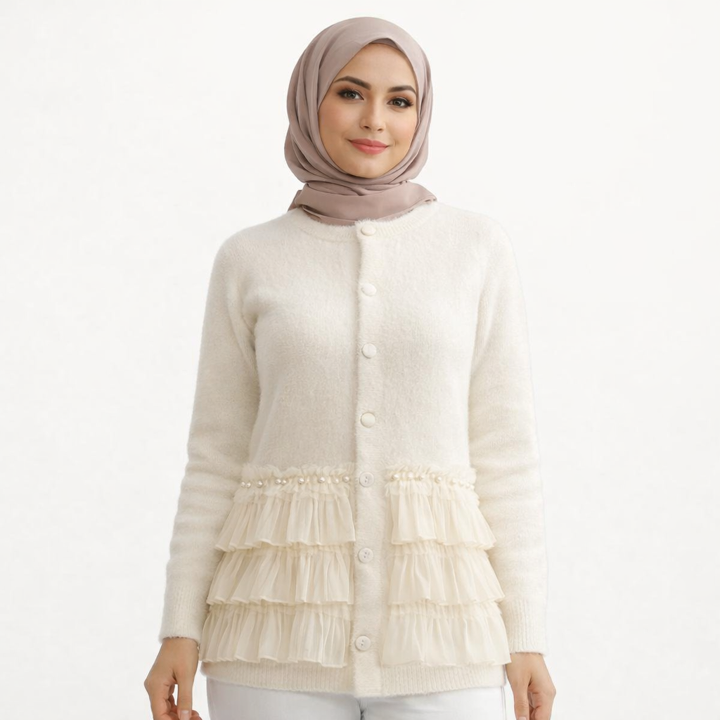 Krem Yünlü Fırfır Detaylı Hırka