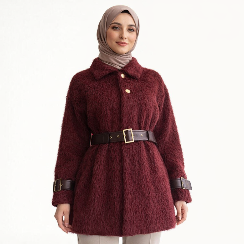 Bordo Deri Kemerli Peluş Dış Giyim Ceket