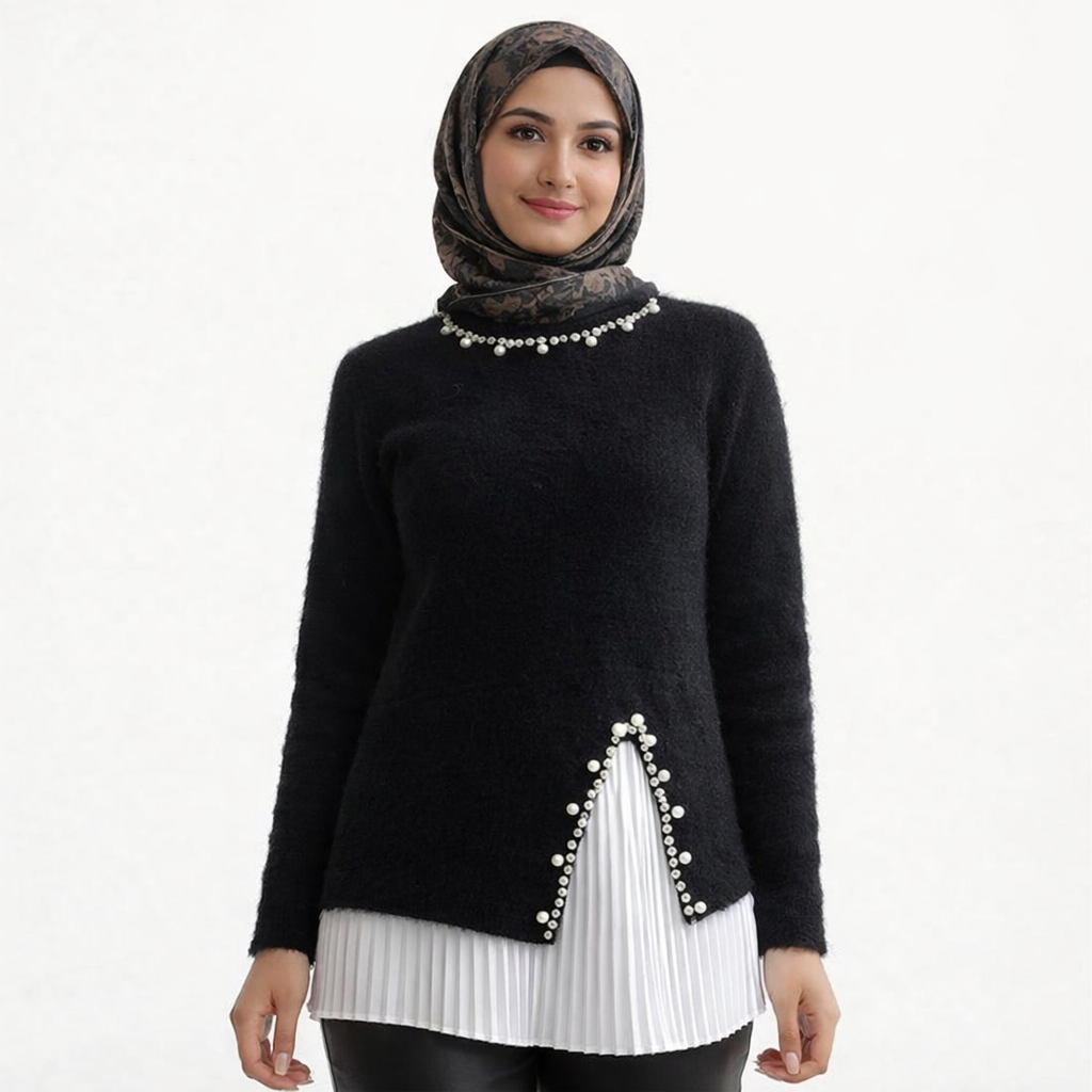 Siyah Yünlü Taş Detaylı Pileli Tunik