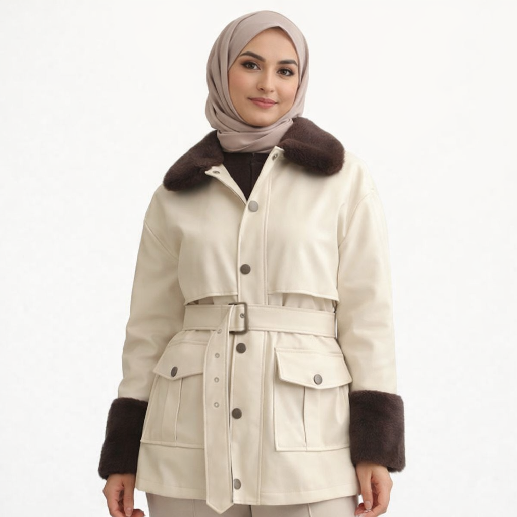 Krem Deri Kürk Detaylı Mont