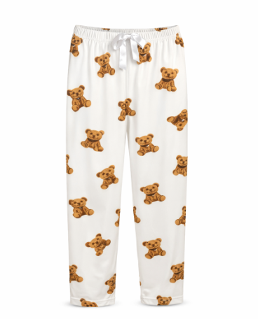 Beyaz Peluş Ayı Desenli Bağcıklı Kadın Pijama Altı