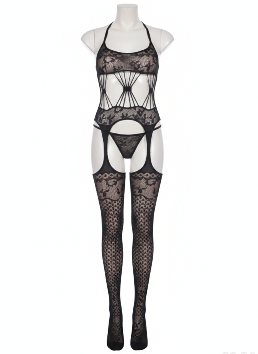 Best UMT Sexy Beauty Bodystocking (Siyah Dantelli Açık Göğüs ve Kasık Bölgeli Jartiyerli Çoraplı Tulum)